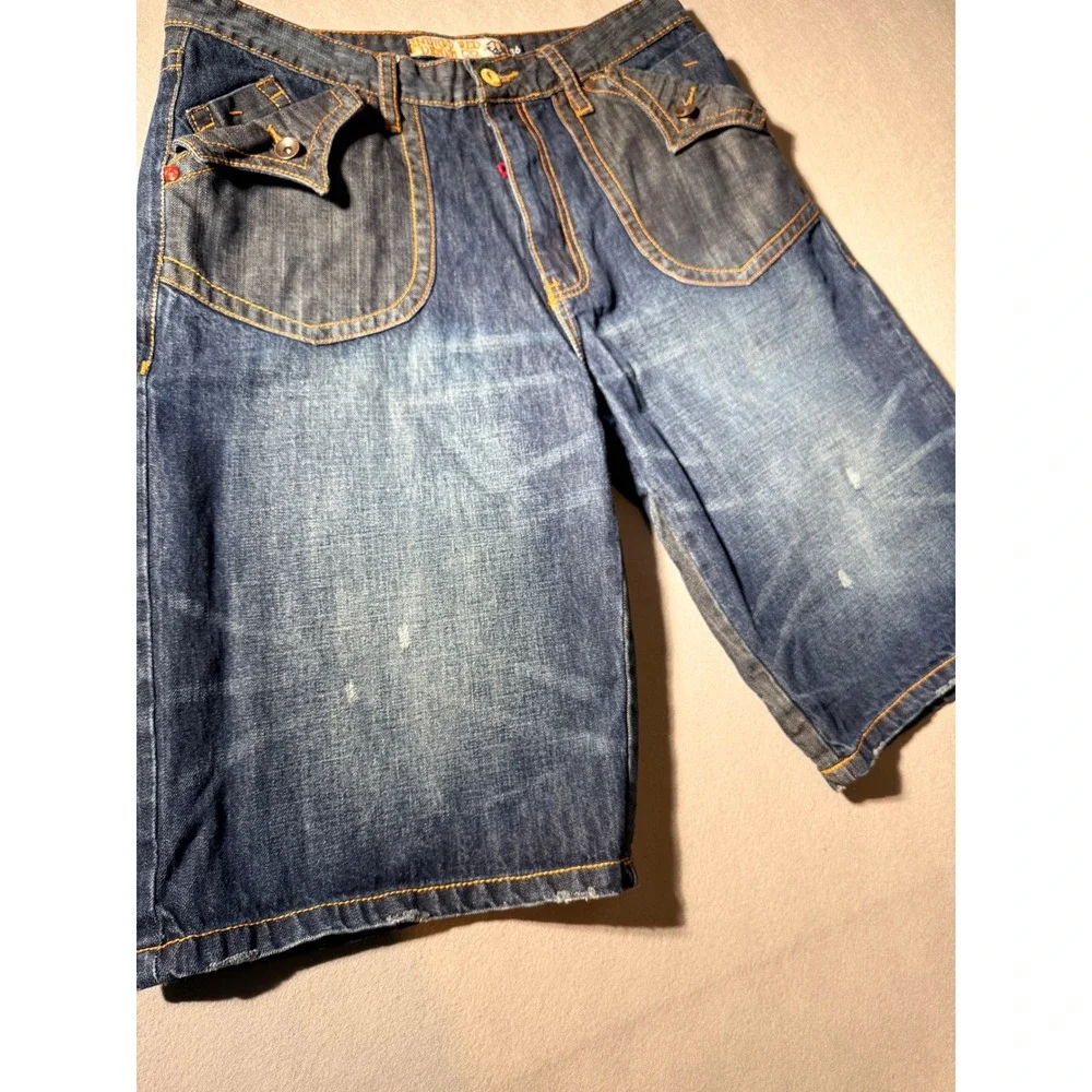 Y2K Indigo Red Denim Co Shorts Mens 36 Blue Baggy Embroidered Streetwear